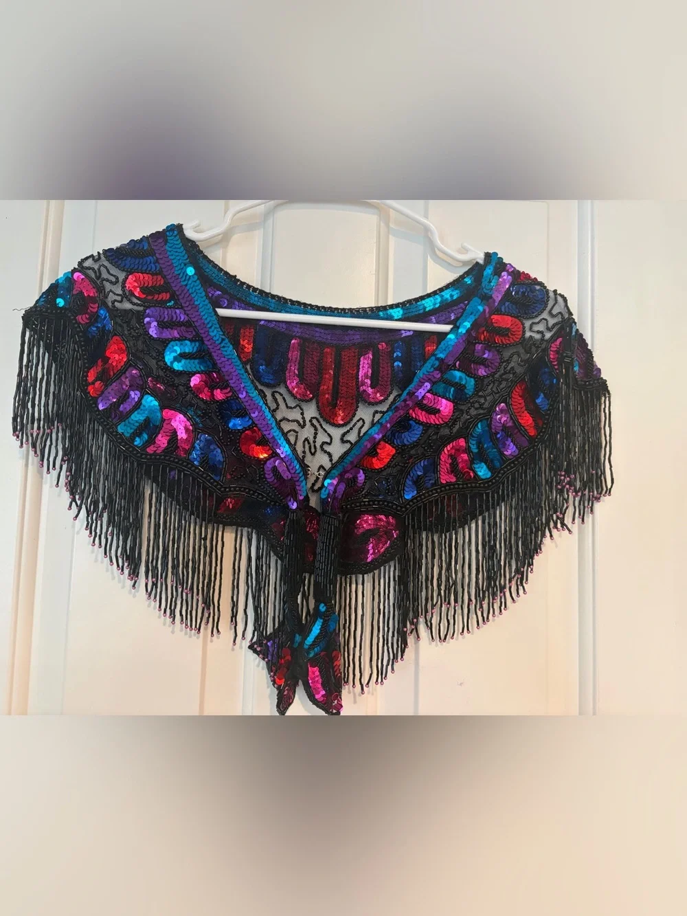 Vintage multicolor sequined & beaded fringe capelet collar / shoulder necklace